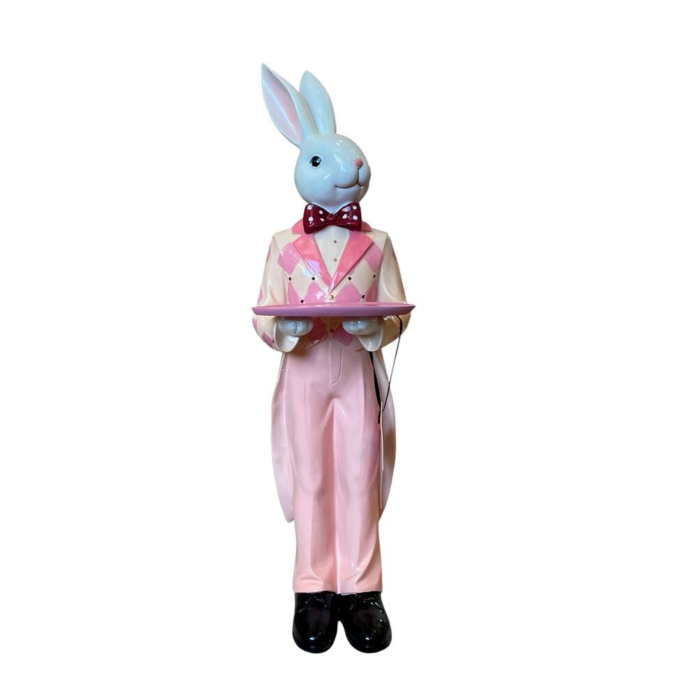 Tophat & Tail Pink Mad Hatter Butler Bunny with Tray 22in Easter Decor NEW